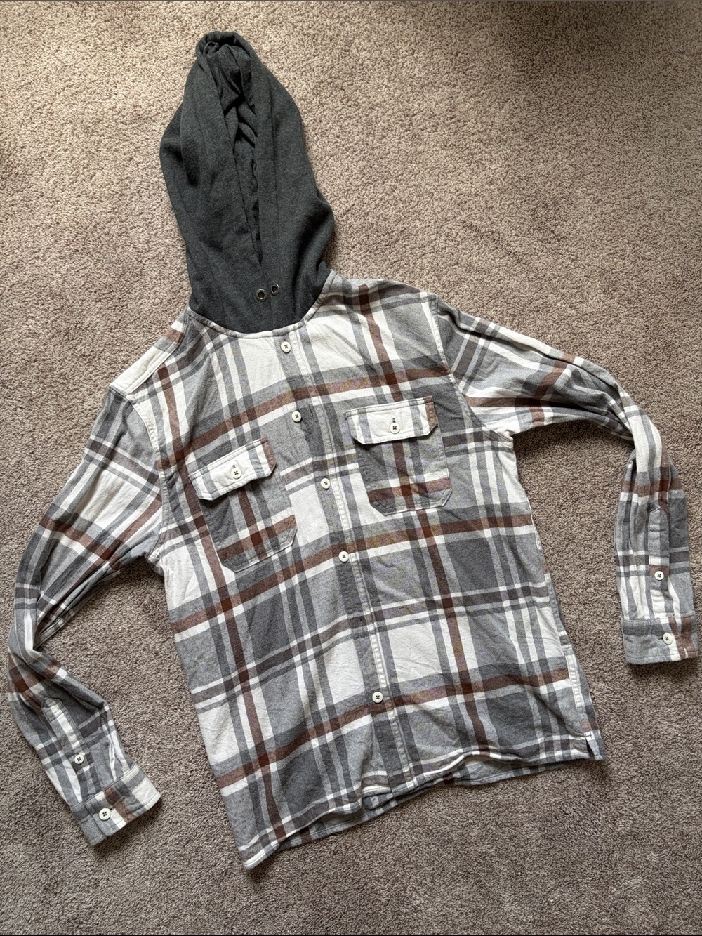 Aeropostale Gray, White & Grey and Brown Flannel Plaid Hooded Shirt, size small